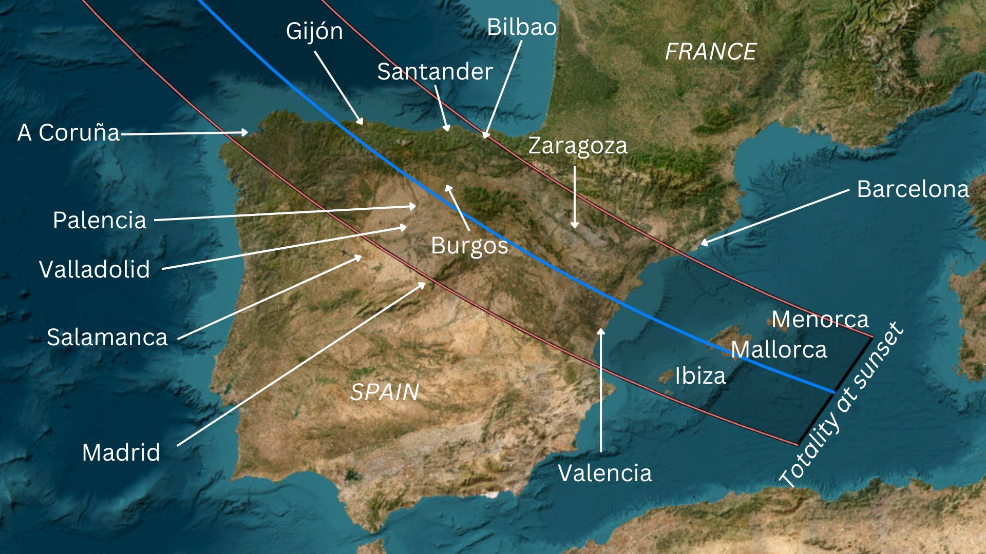 Scientific map of the August 12 2026 total solar eclipse path of totality through Iceland and Spain.
