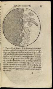 Illustration of the Moon from Sidereus Nuncius (1610) by Galileo Galilei, showing lunar surface features revealed by early telescopic observations.