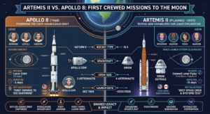 A diagram comparing the 1968 Apollo 8 lunar orbit with the Artemis II flight path, illustrating why Artemis 2 is not landing on the Moon.