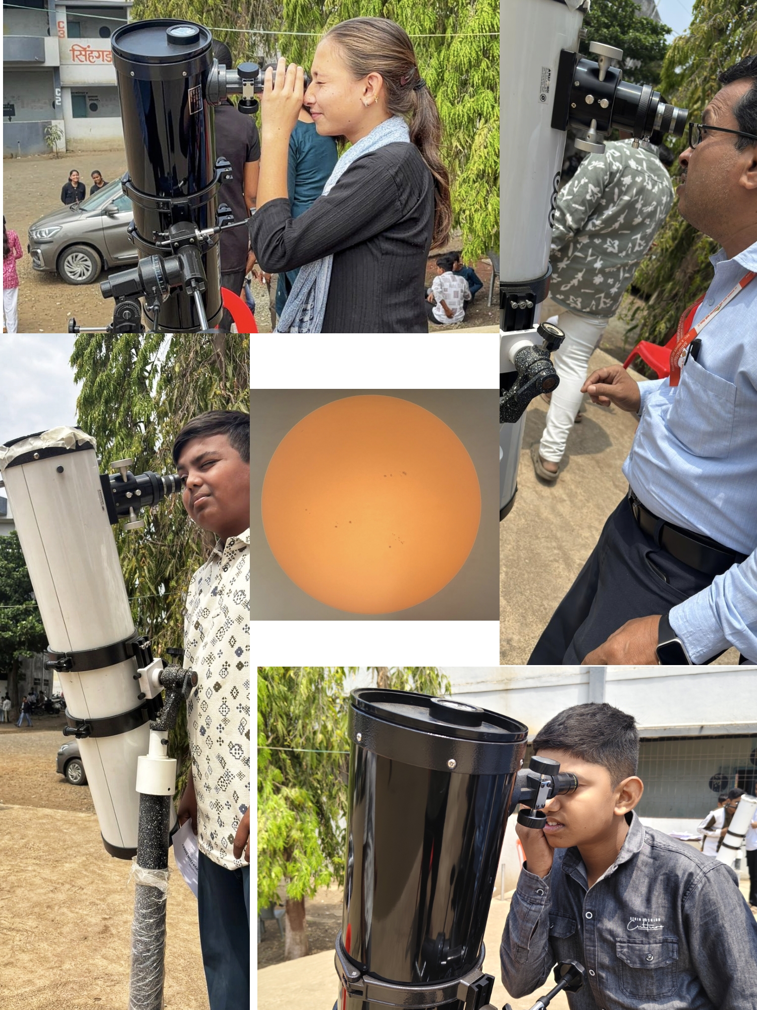 collage showing students and teachers observing sunspots through heavily filtered Astrophiles telescope