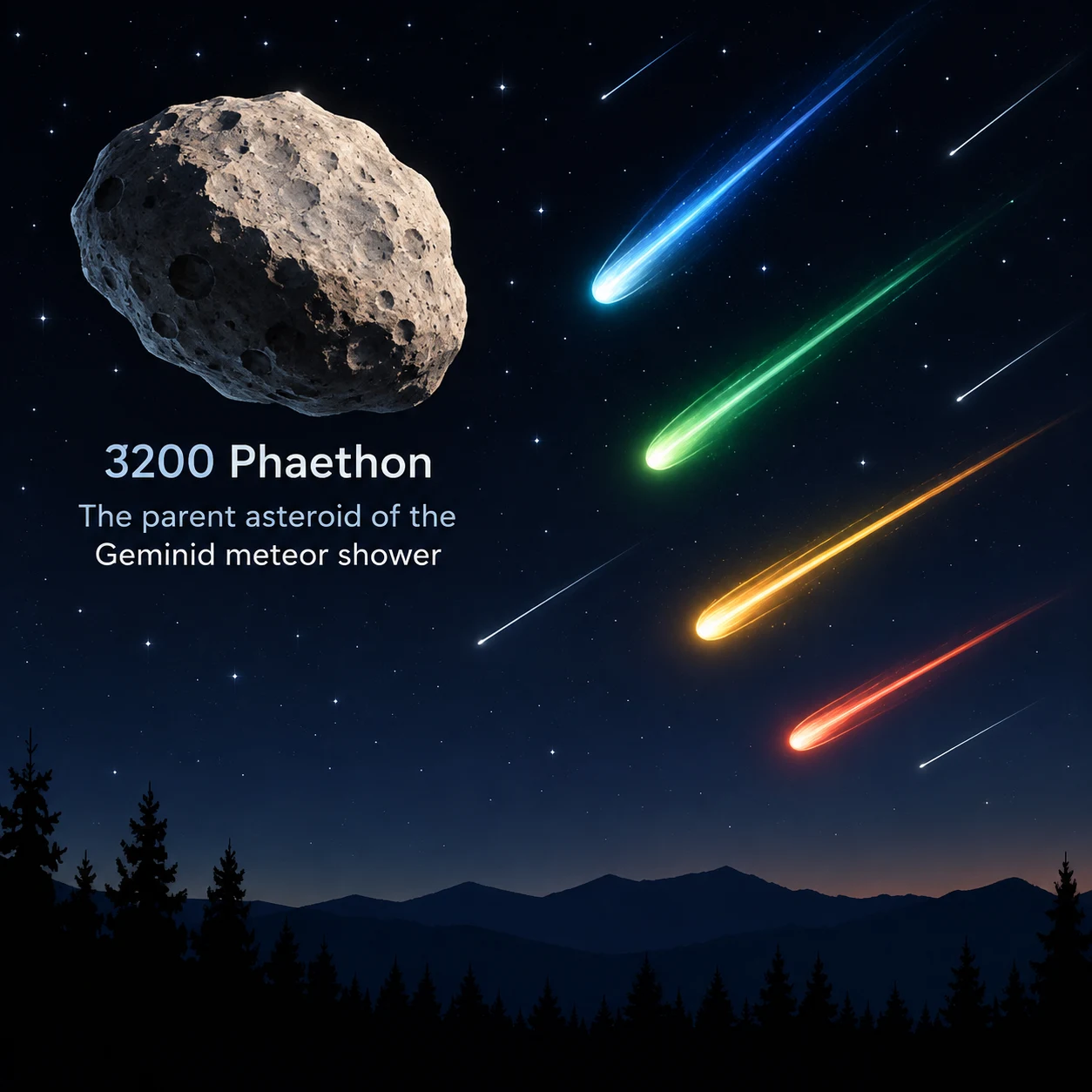 Infographic explaining how the metallic composition of Asteroid 3200 Phaethon creates green yellow and blue meteors during the Geminids