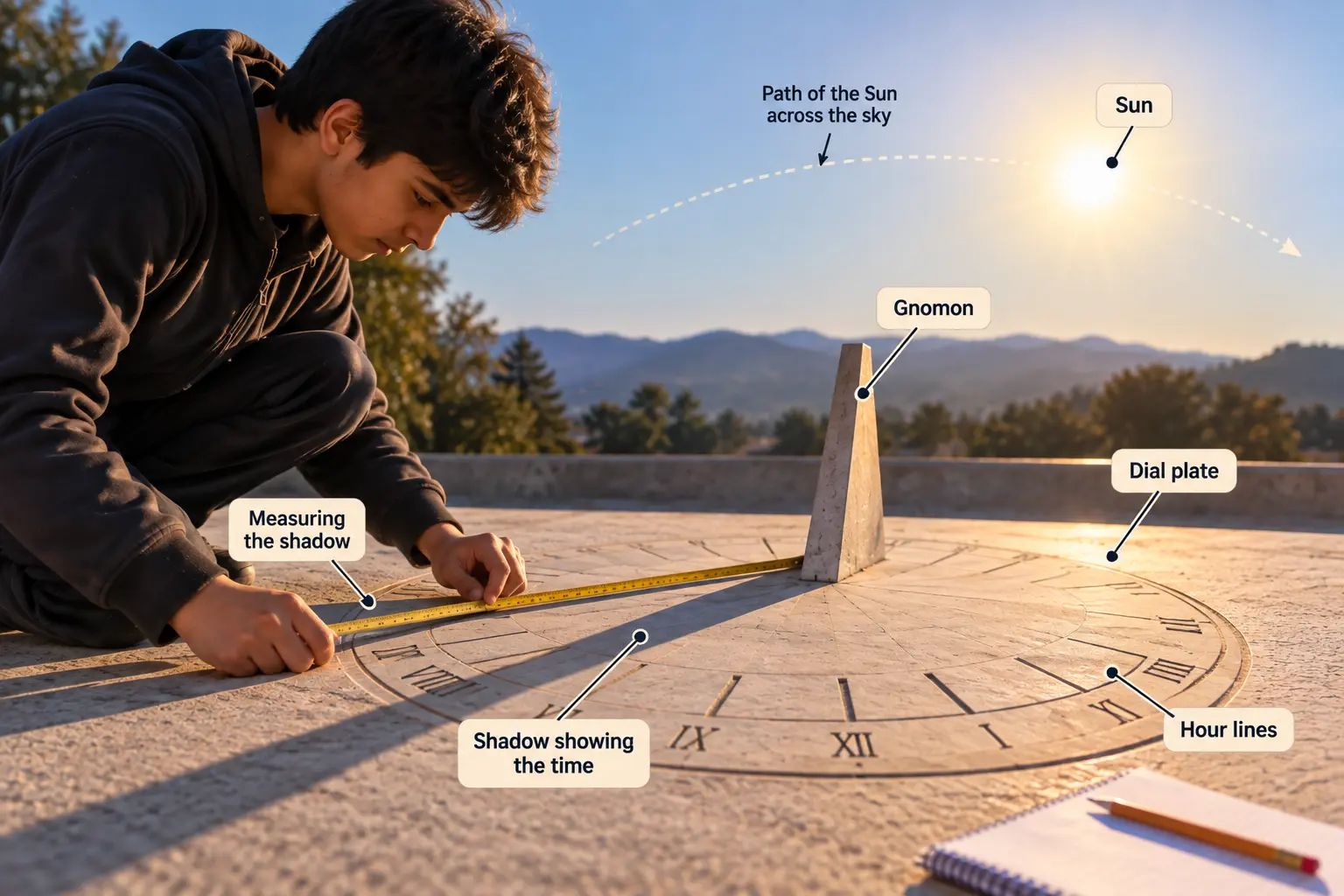 Student measuring a long shadow cast by a gnomon sundial during a winter solstice STEM experiment
