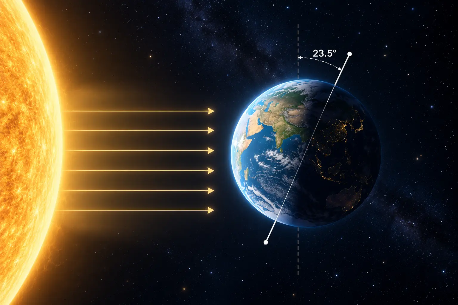 Scientific diagram showing Earth's 23.5 degree axial tilt away from the sun during the Winter Solstice 2026