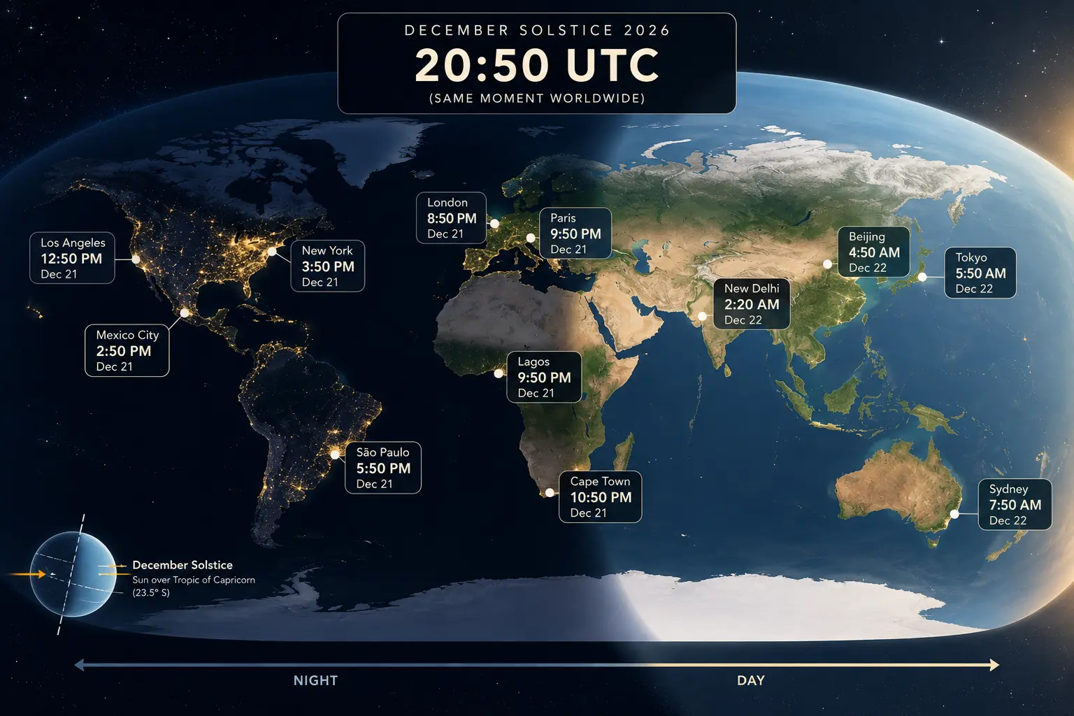 Global map showing the exact time of the winter solstice 2026 across different time zones